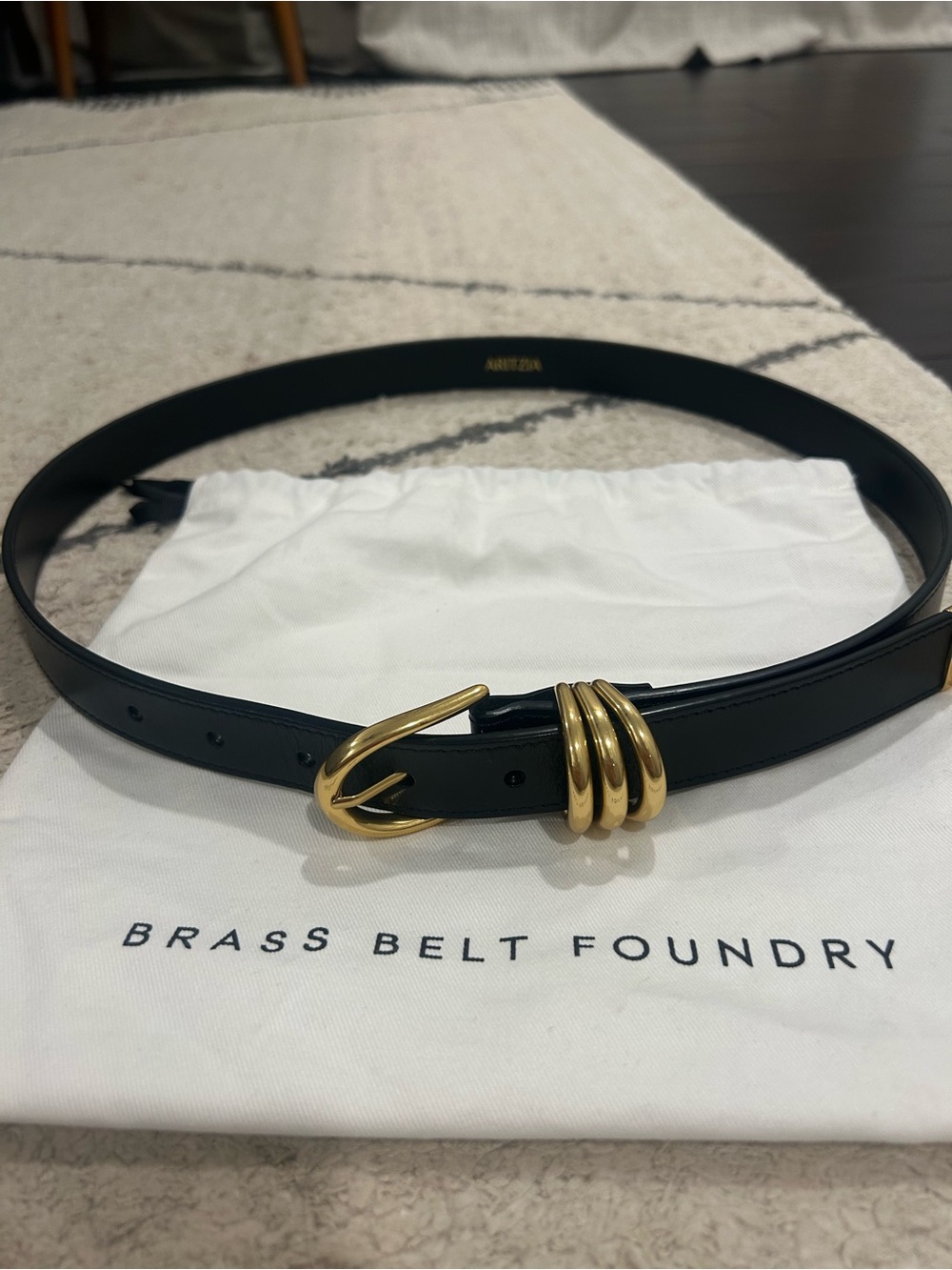 Aritzia Black Leather Belt with Gold Buckle